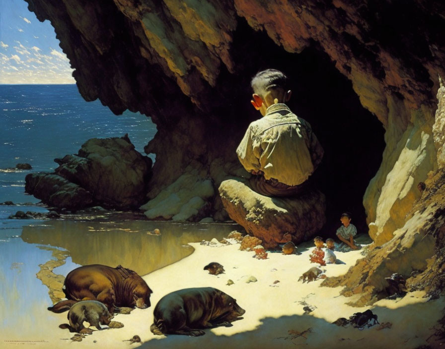 Child at cave entrance overlooking sea with sleeping seals and distant child.