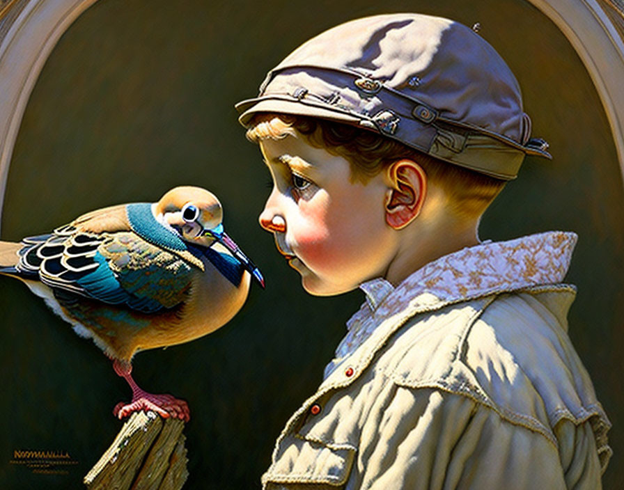 Young boy in cap admiring colorful bird on stick against dark backdrop