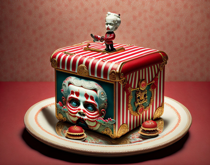 Ornate Clown Music Box on Red Background