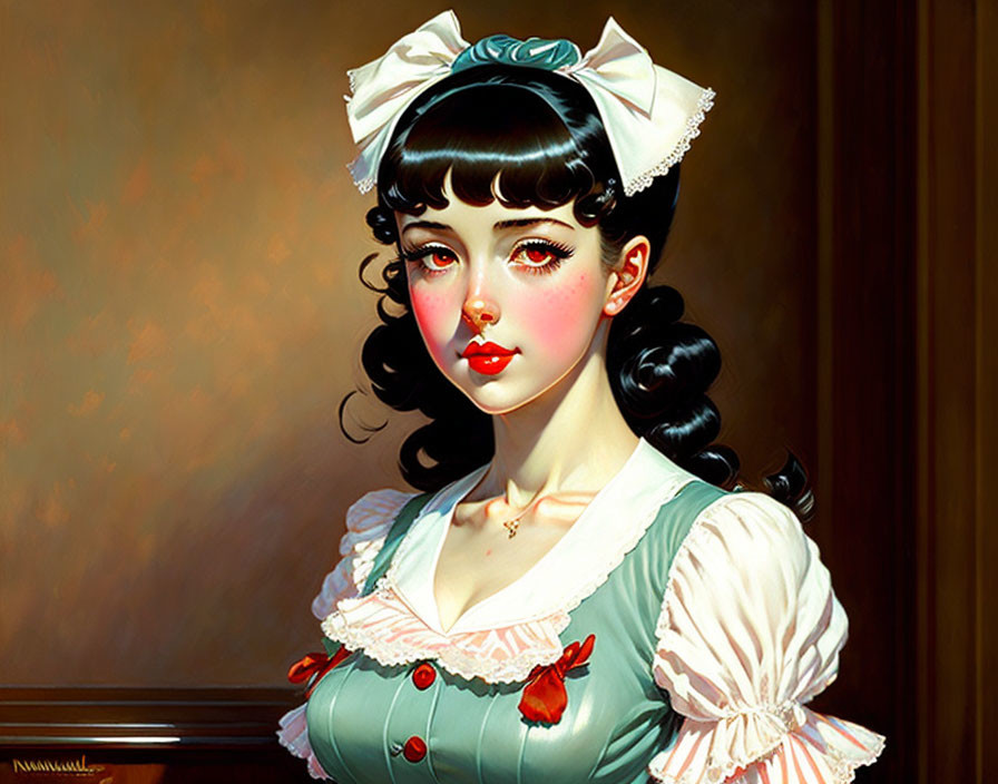 Digital painting of woman with porcelain skin, black hair, mint dress, red accents, and white bow