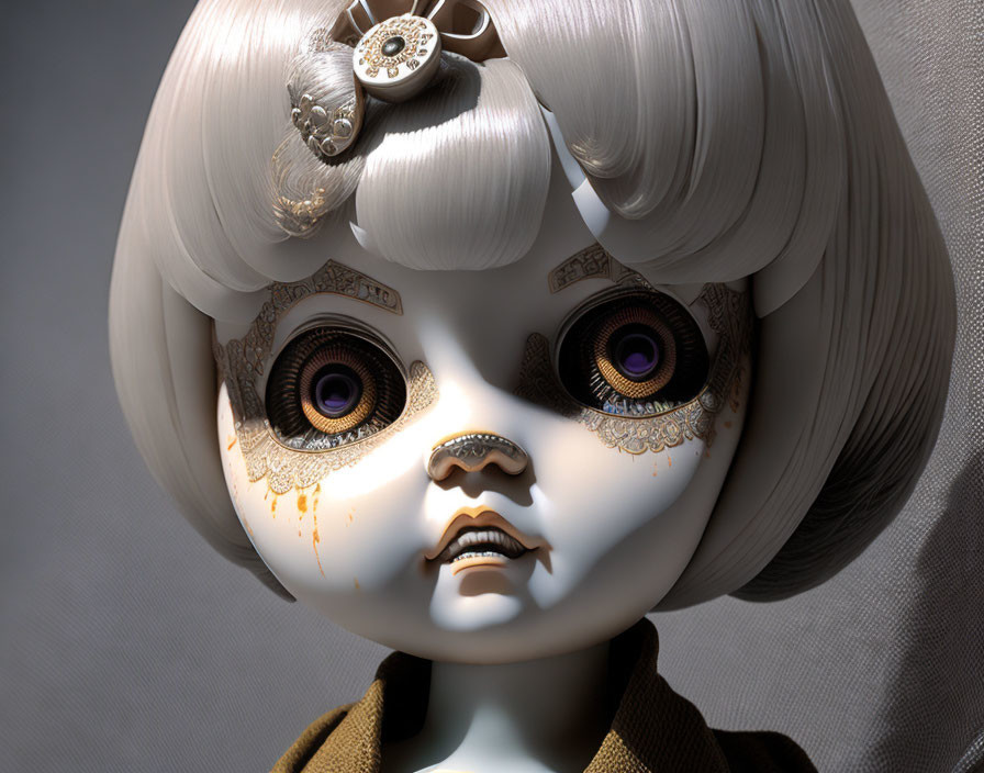 Doll-like figure with purple eyes, gold patterns, and silver wig gear