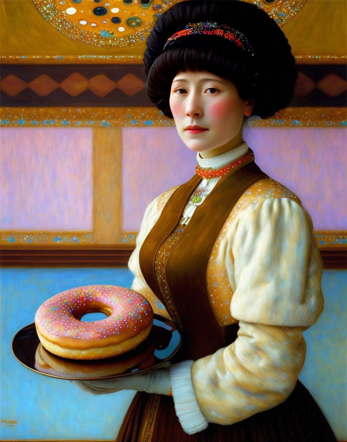 Traditional Attire Woman Holding Plate with Donuts in Vibrant Painting