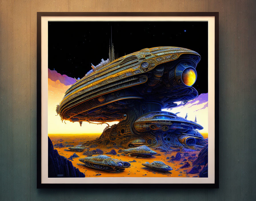 Sci-fi artwork: Golden spaceship on alien terrain with rocky formations under twilight sky