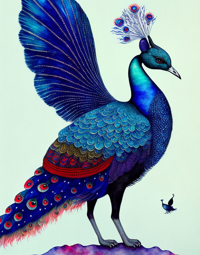 Colorful Peacock Illustration with Elaborate Tail and Bird Silhouette