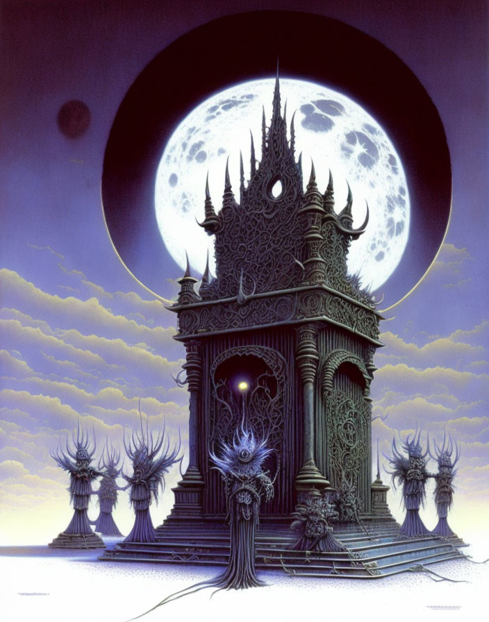 Mystical tower with ornate spires under a moonlit sky