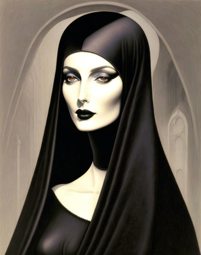 Stylized portrait of figure in black headscarf & robe against arched background