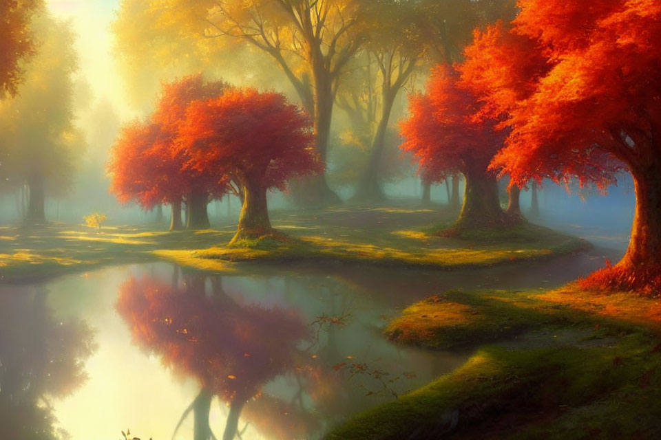 Tranquil autumn landscape with vibrant orange trees reflected in a serene river