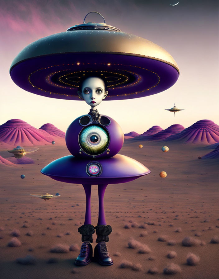 Illustration of large-eyed alien in desert landscape with flying saucers.