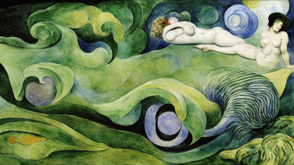 Art Nouveau-style painting of two nude women on green landscape