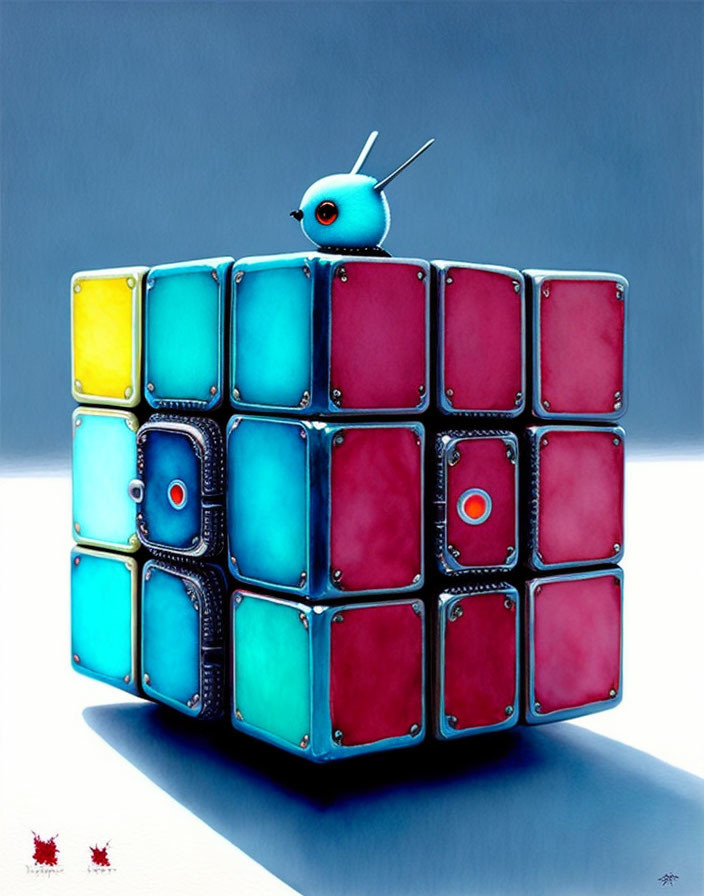 Colorful Rubik's Cube with bird and TV antenna on blue gradient background