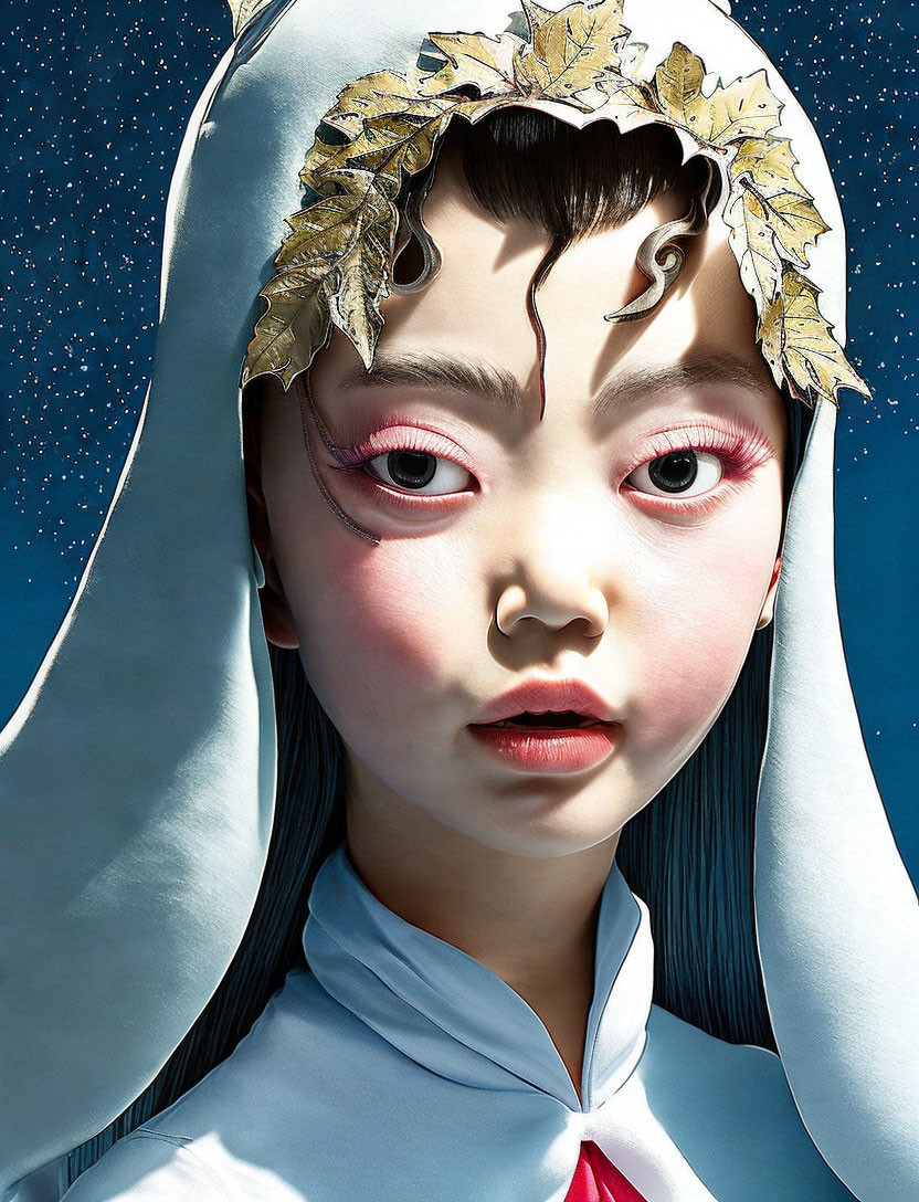 Stylized portrait of a pale girl with red-rimmed eyes and golden leaves on white hood