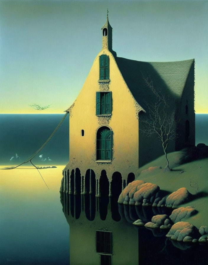 Surreal painting of yellow tower, boat, and reflection on tranquil water