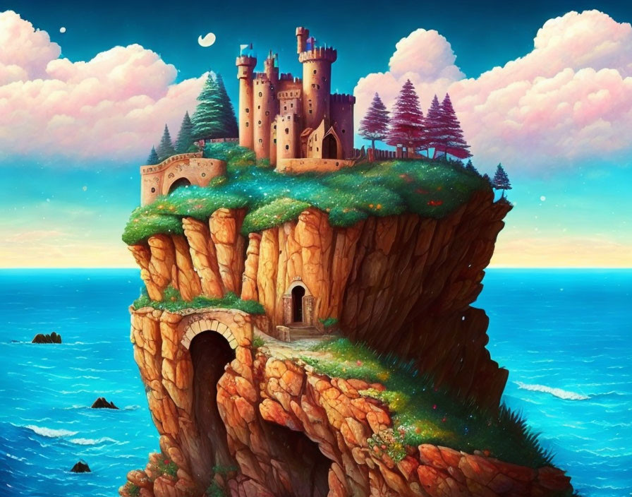 Whimsical castle painting on sea cliff with crescent moon in serene ocean landscape