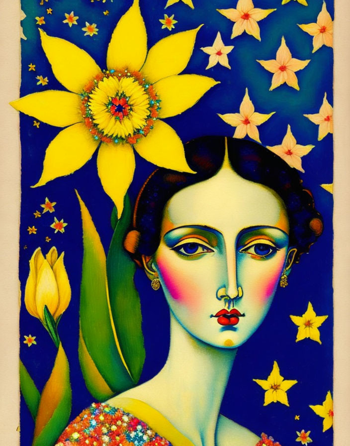 Vibrant painting of stylized woman with floral background