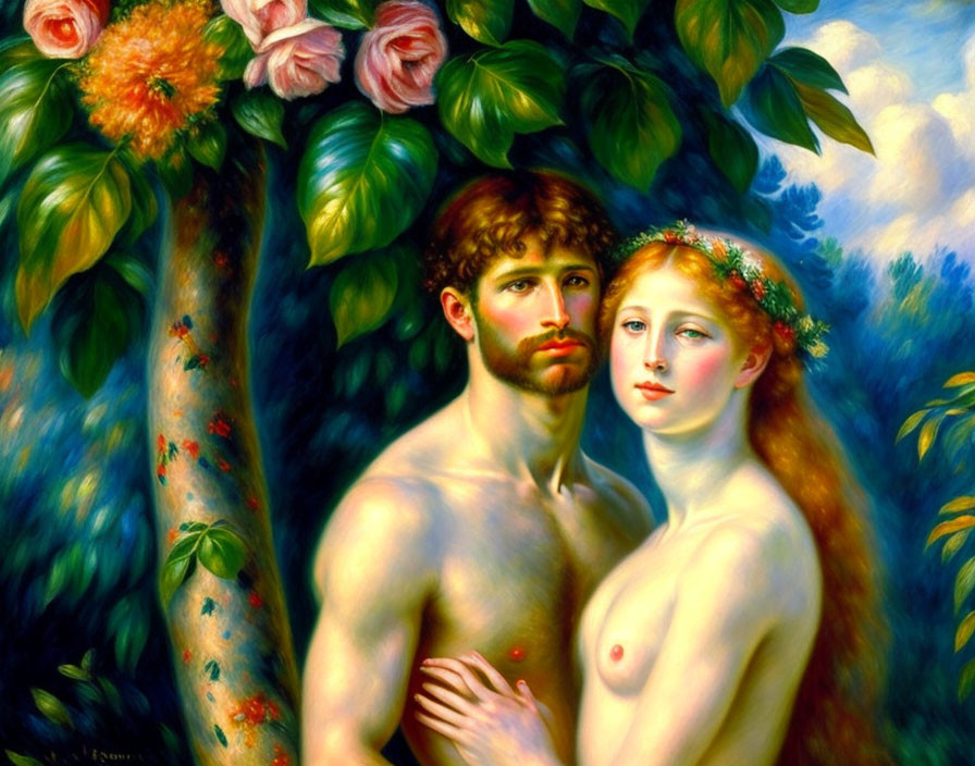 Man and woman in intimate embrace surrounded by lush greenery and vibrant flowers.