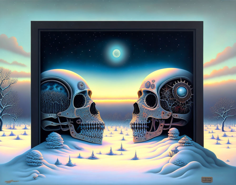 Surreal skull art with cosmic backdrop in wintry landscape