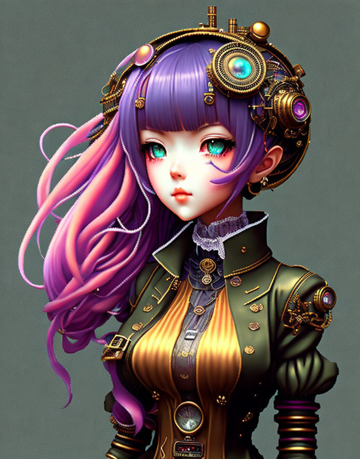 Purple-haired female character with cybernetic enhancements in steampunk outfit