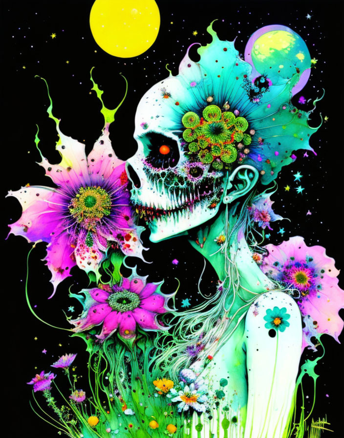 Colorful skeletal figure with neon flowers on dark backdrop