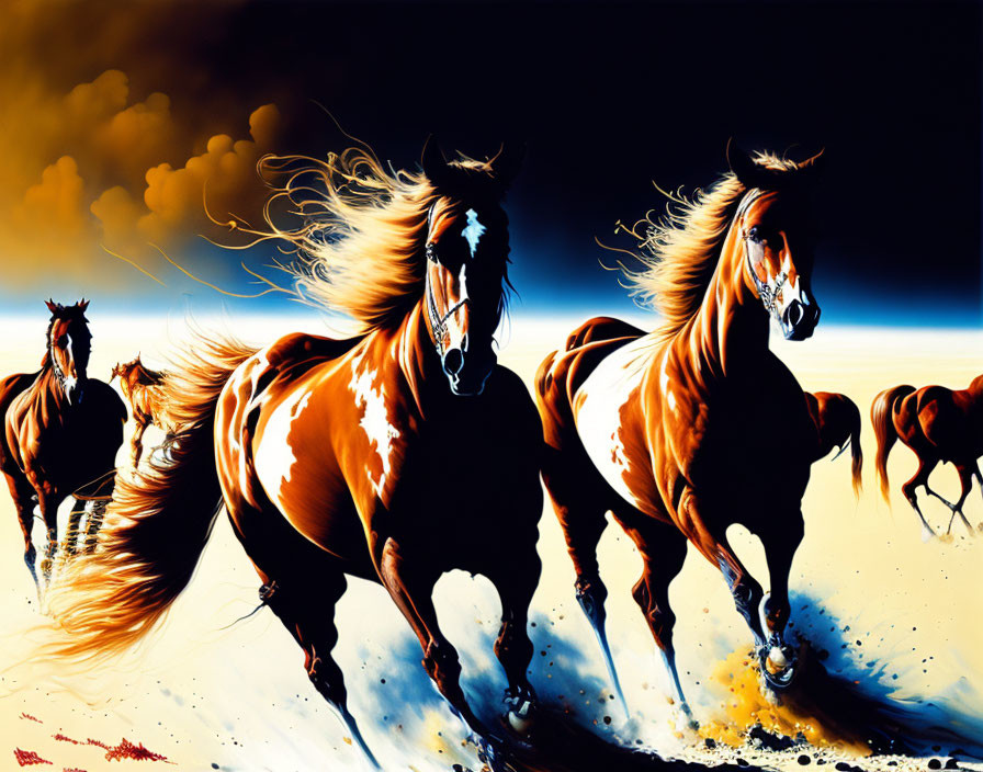 Chestnut horses galloping under dramatic sky