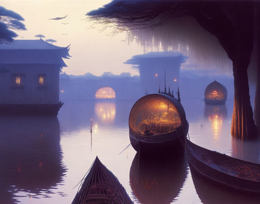 Tranquil dusk fantasy scene with traditional boats, ethereal trees, and glowing lanterns.