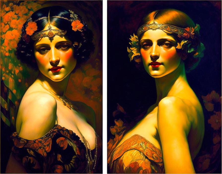 Art Deco Style Portraits of Woman with Floral Headbands