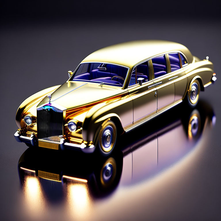 Shiny Golden Classic Luxury Car with Chrome Details on Glossy Surface