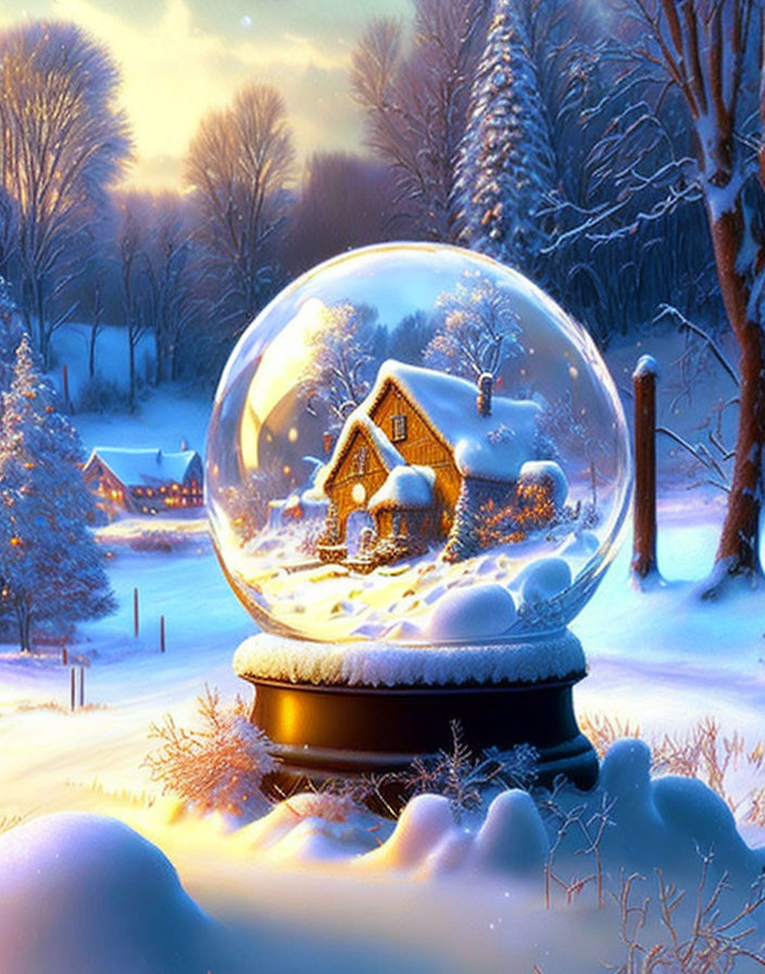 Snow globe with cozy cottage in snowy forest at dusk