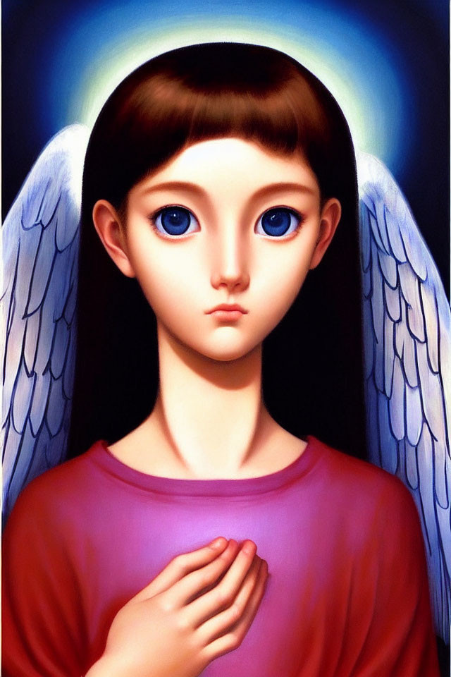 Stylized painting of an angel with blue eyes, halo, white wings, red garment, praying