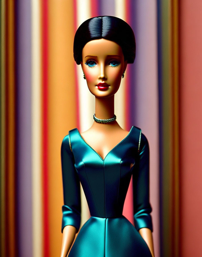 Barbie doll with sleek bun hairstyle in teal dress on colorful striped background