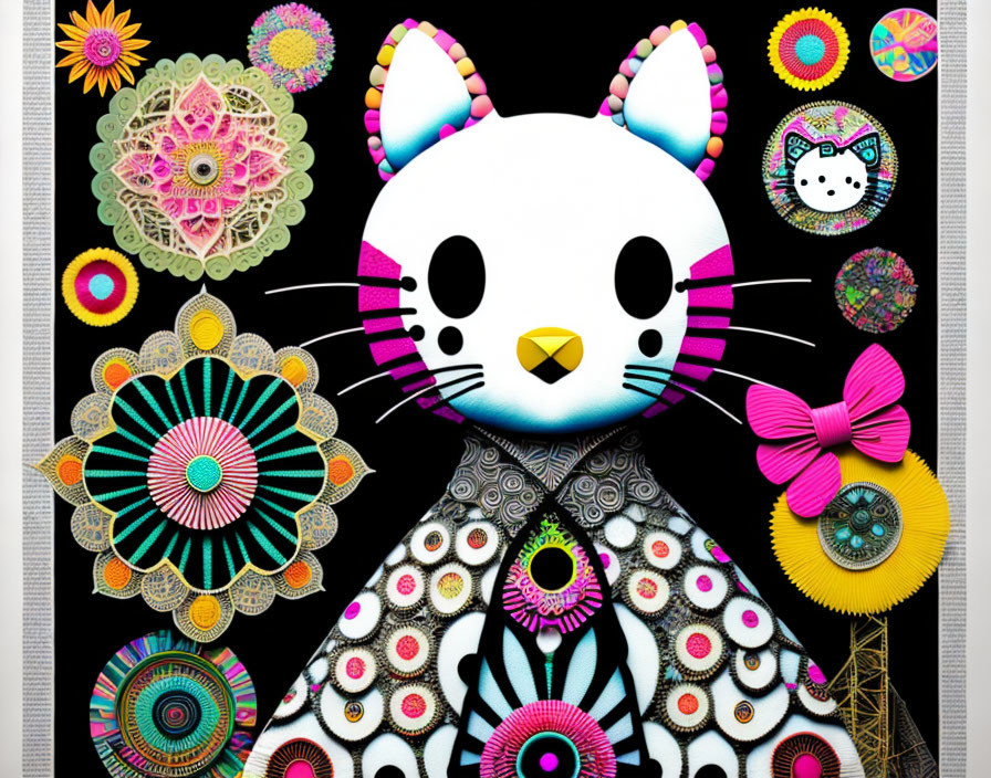 Colorful digital art: Stylized cat with bow in intricate patterns