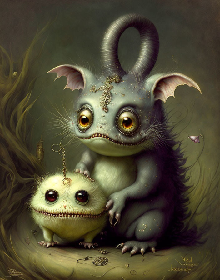 Whimsical creatures with large eyes and horns in a moody fantasy setting