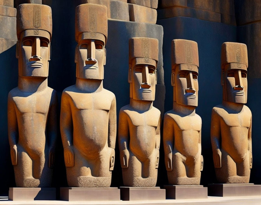 Row of Five Stone Statues with Human-like Features and Headgear in Sunlight
