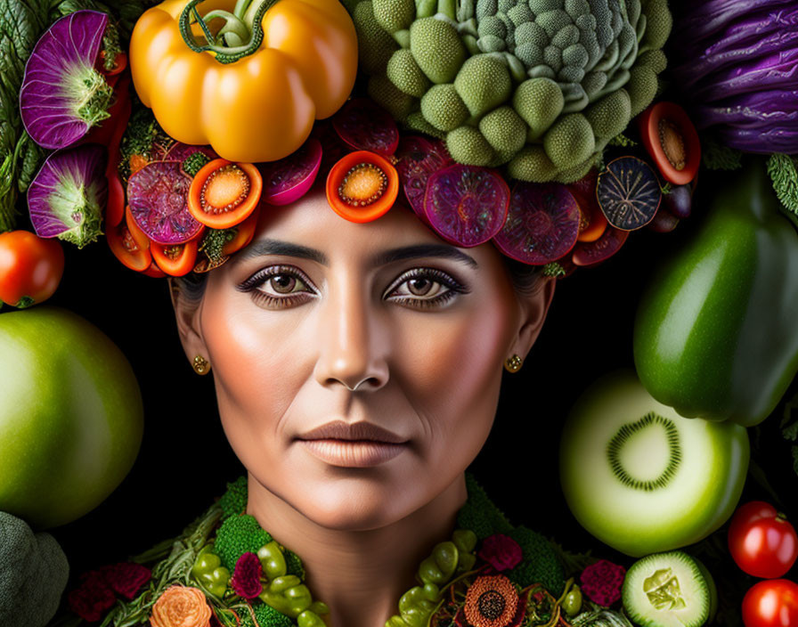 Colorful Fruit and Vegetable Headdress on Woman in Dark Background