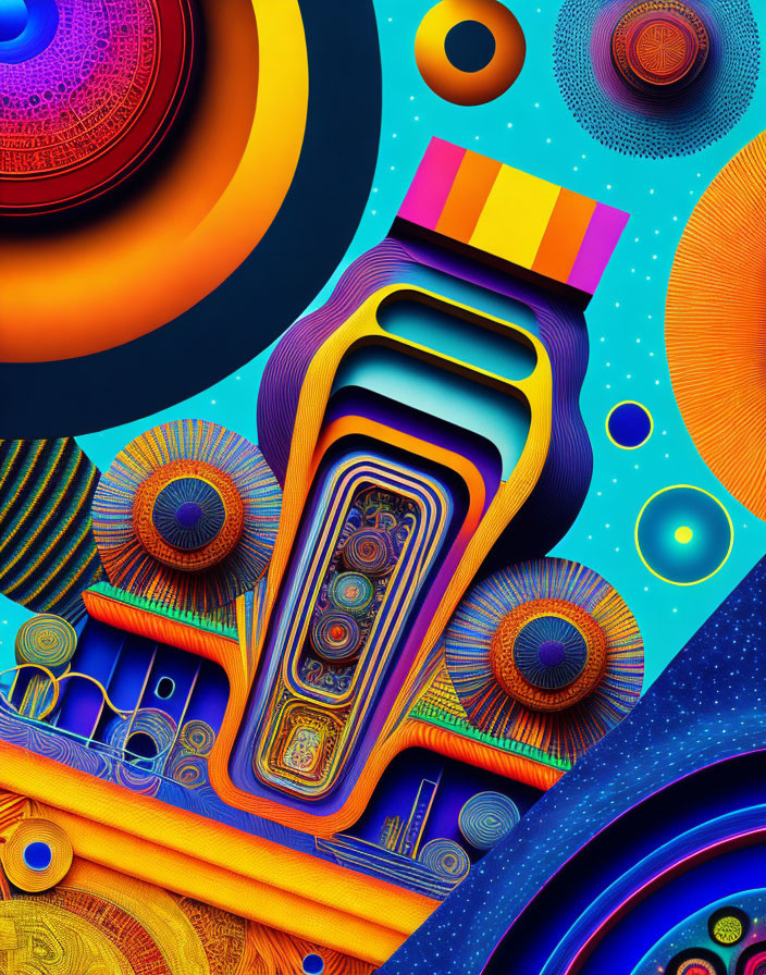 Colorful abstract art with intricate psychedelic patterns in blues, oranges, and yellows