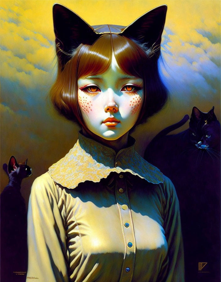 Stylized portrait of girl with cat-like features and two black cats on golden backdrop