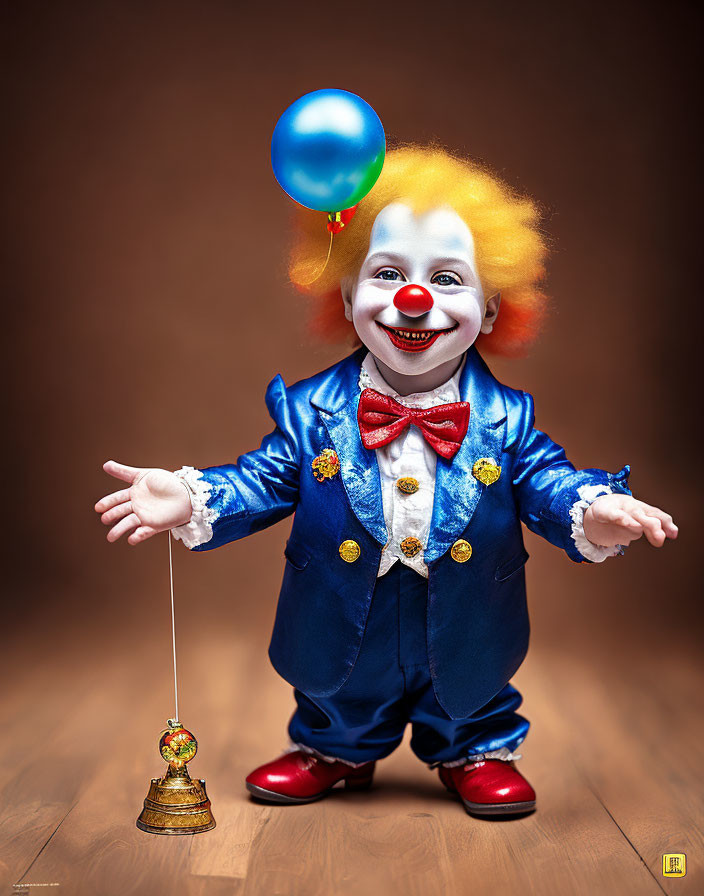 Colorful Clown with Orange Hair, Red Nose, Blue Suit, and Balloon