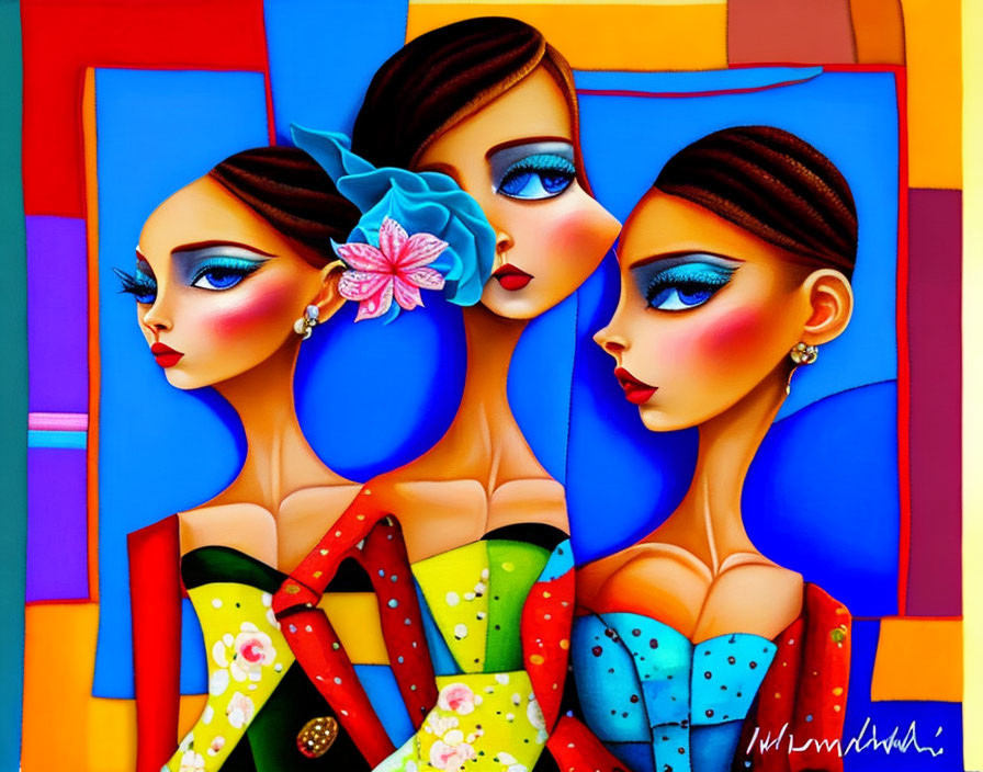 Vibrant painting of three stylized female figures with bold makeup and patterned clothing