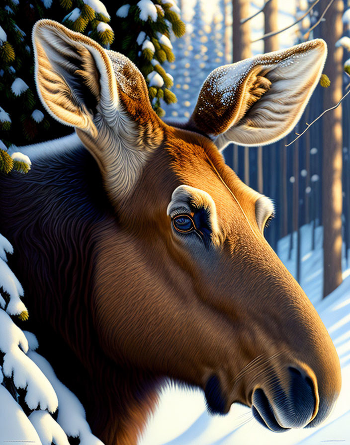 Detailed Moose Illustration in Snowy Forest