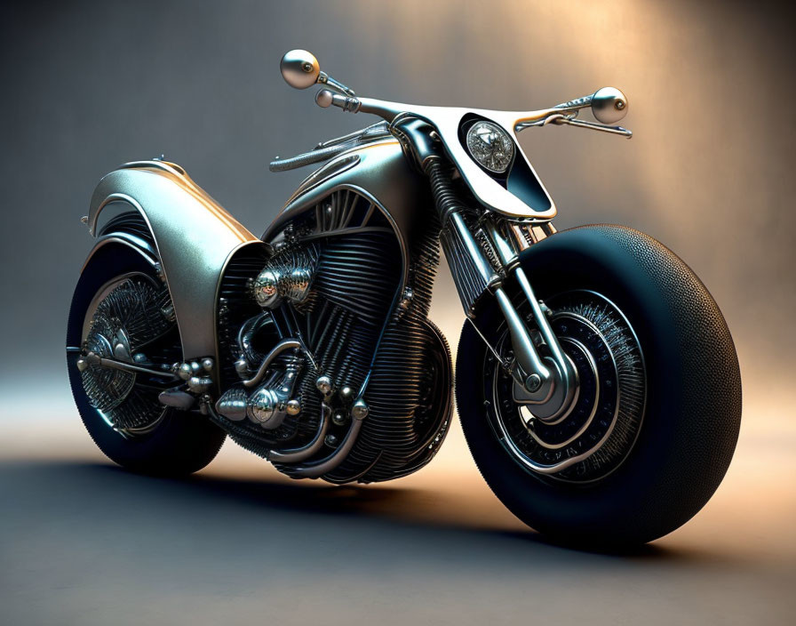 Futuristic motorcycle with oversized wheels and chrome detailing