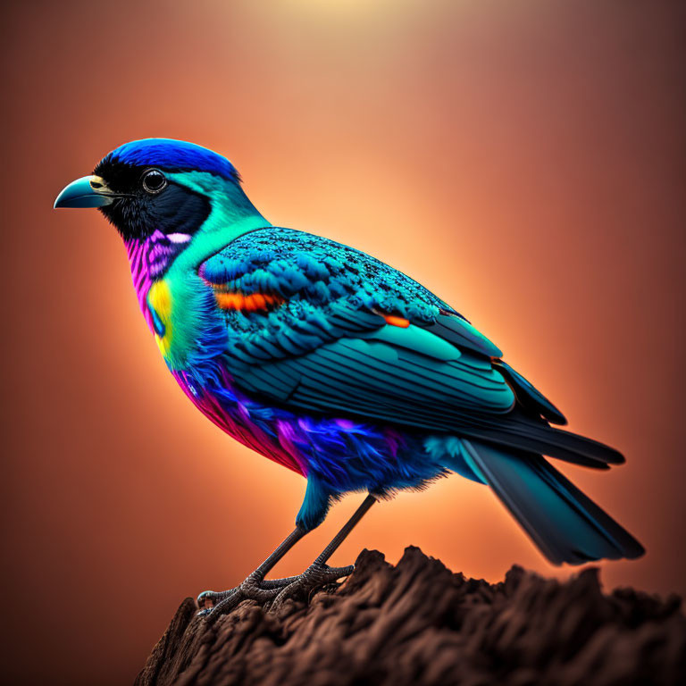 Colorful Bird with Blue, Violet, and Teal Plumage on Wood against Orange Background