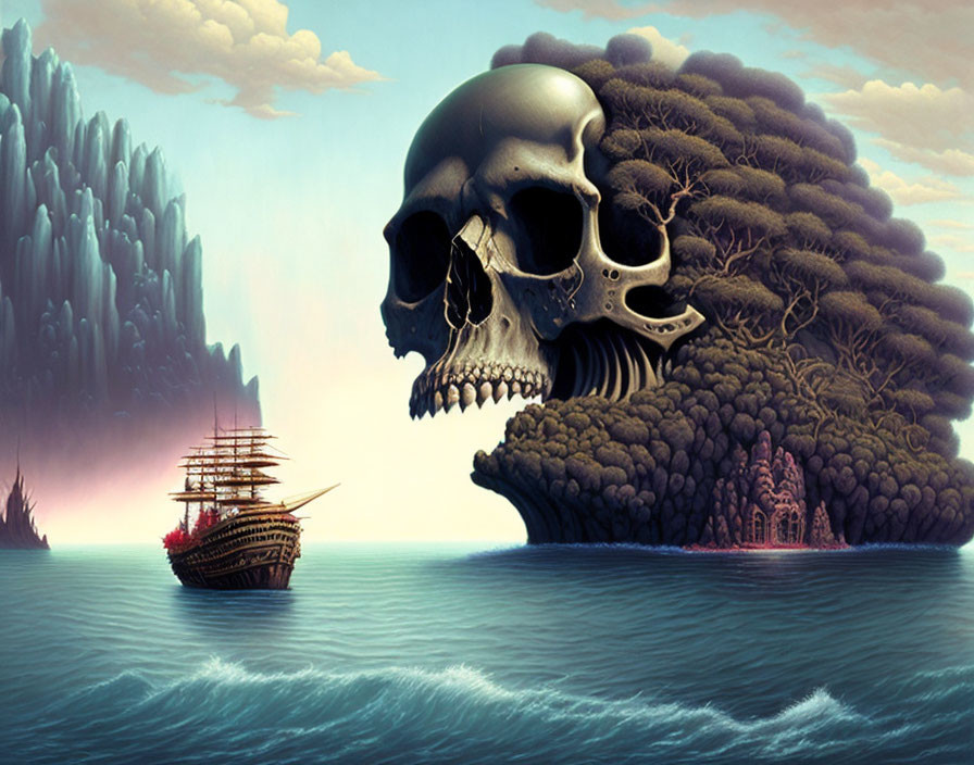 Skull-shaped island with sailing ship, trees, and castle scene