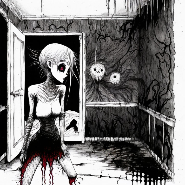 Monochrome illustration of female figure with eye patch in eerie room