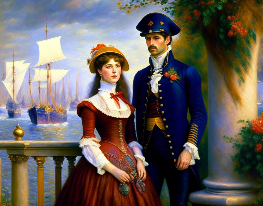 Victorian couple on balcony with naval ships in background