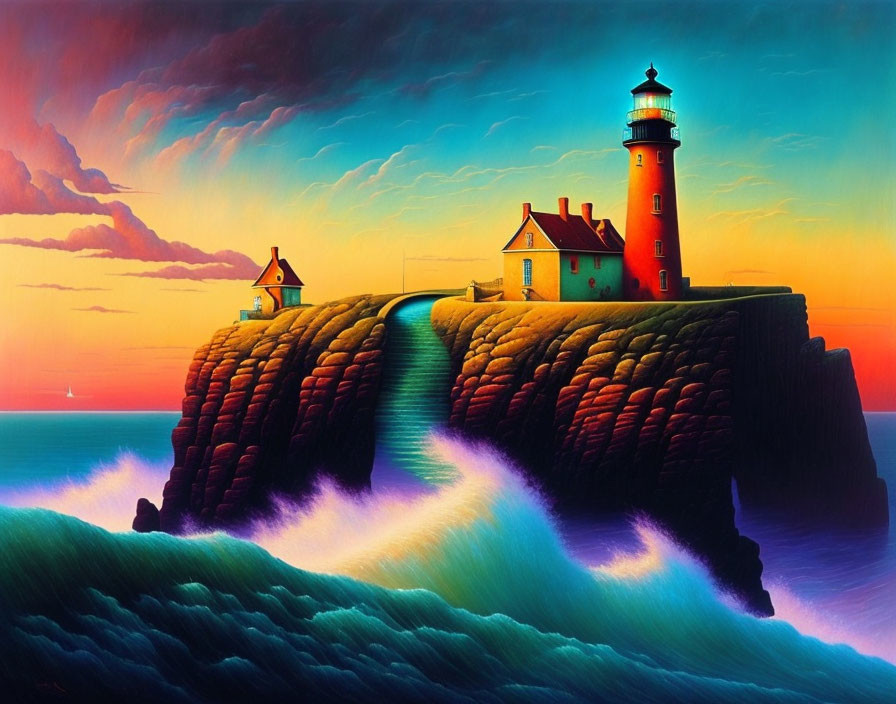 Lighthouse painting on cliff with dramatic sky and sea waves