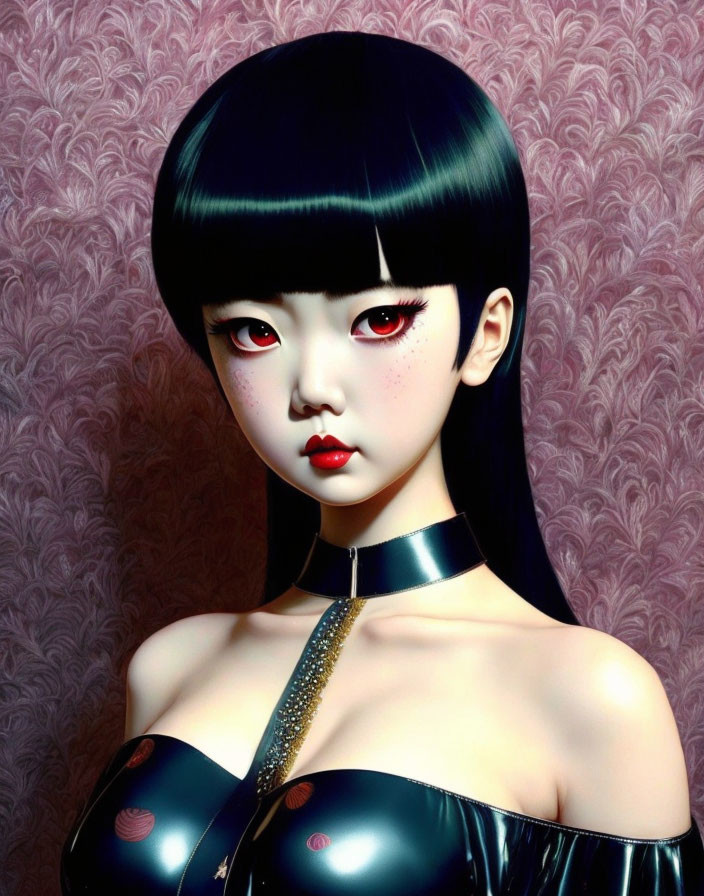 Digital art: Girl with large eyes, short black hair, red pupils, black glossy outfit.