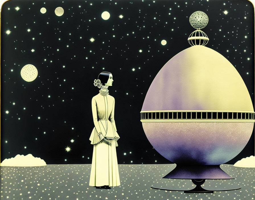 Stylized vintage woman gazing at spherical structure in starry retro-futuristic scene