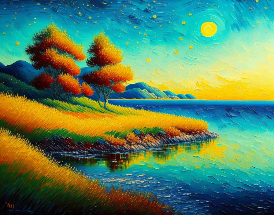 Autumn landscape painting with swirling sky over serene lake