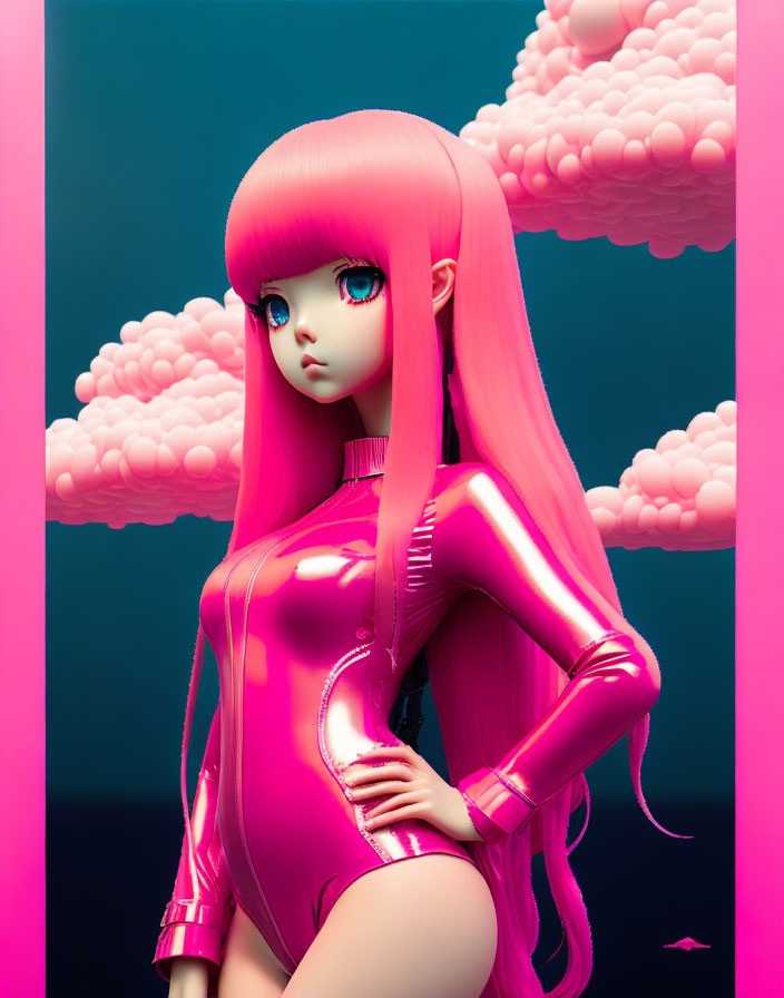 Digital artwork: Pink-haired character in shiny outfit on teal background with pink clouds