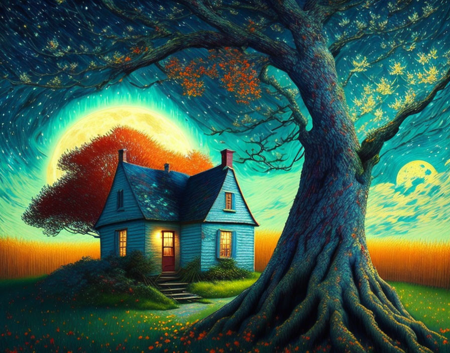 Whimsical artwork of cozy house under large tree at night