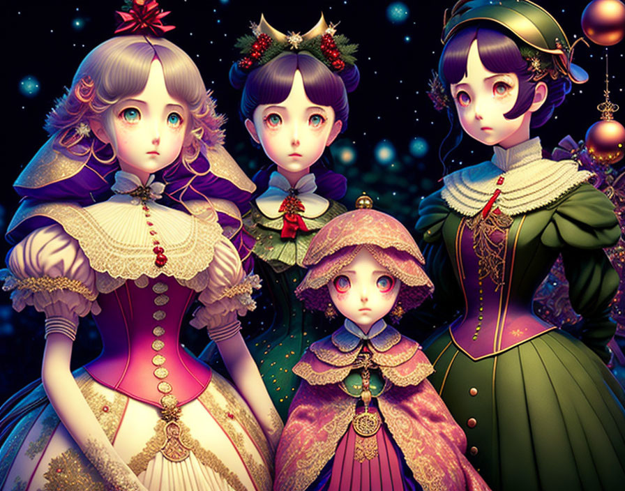 Victorian Christmas-themed anime-style girls on starry night backdrop